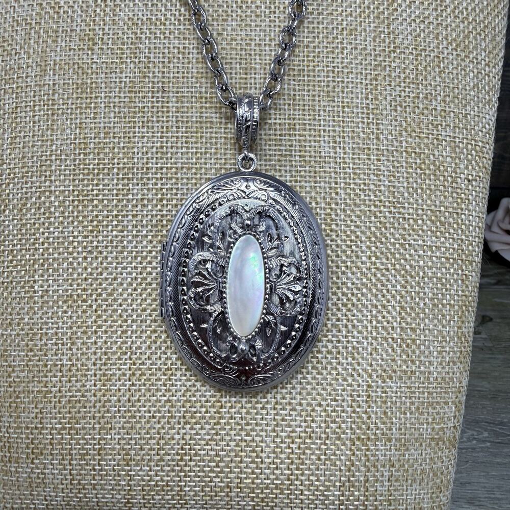 Whiting Davis Silver Tone Locket Necklace 28" Filigree Double Photo Signed